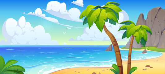 Tropical island bay and beach landscape with palm trees and blue ocean. Cartoon vector sunny lagoon with white clouds, coastal rocks, and calm sea waves. Summer exotic paradise seascape with sand