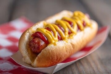Juicy hot dog with golden mustard swirls, a carnival feast, evokes National Hot Dog Day and quirky American picnics