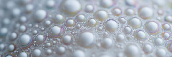Iridescent bubbles on glistening surface, ethereal foam symphony; evokes Transmogrification Day, surreal nativity for frothy fantasies