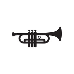 Obraz premium Black vector icon of a trumpet with three valves and a bell brass instrument