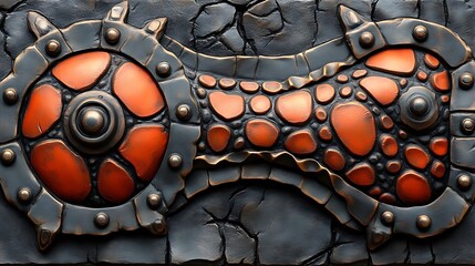 Ornate, textured metal shield design with intricate details.