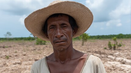 Sun-weathered mestizo man in straw hat stands in parched field, echoing Pachamama rituals and Inti Raymi celebrations