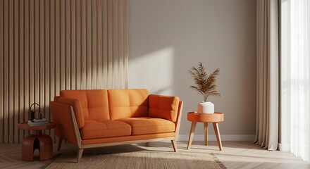 Orange Couch with Side Tables and Minimalist Decor