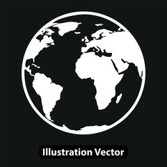 Planet Earth globe icon. A simple black and white vector illustration of the world map.