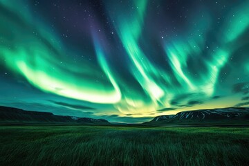 Aurora borealis, vibrant green and pale, over a grassy plain