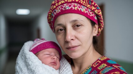 Jewish mother cradles newborn in vibrant corridor, echoing Tu BiShvat trees and mystical rebirth of life's tapestry