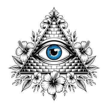 Intricate Black and White Illuminati Symbol with Blue Eye