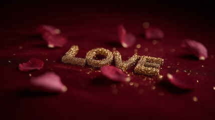 Golden word LOVE on velvety burgundy with scattered rose petals, perfect for Valentine's Day or Spanish Dia del Amor