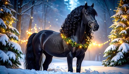 Majestic black horse adorned with garland, standing in a snowy winter forest illuminated by fairy lights