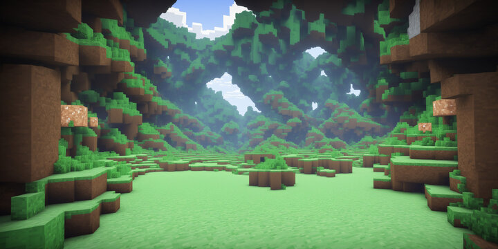 An immersive pixelated forest-inspired landscape featuring lush green hills, blocky terrain, and a serene atmosphere, ideal for gaming, fantasy, or nature-themed creative projects.