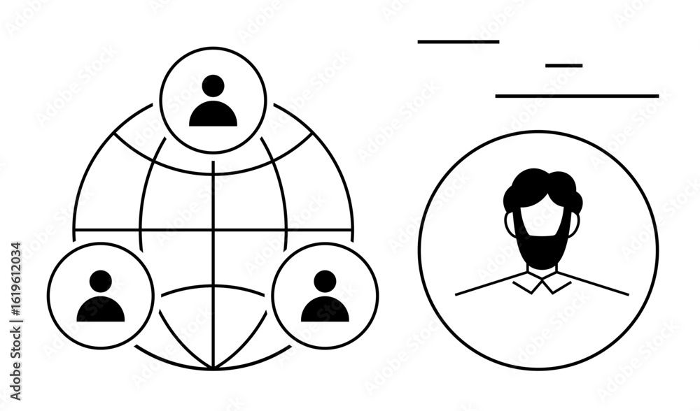 Poster network of connected users in a globe structure alongside outlined man profile. ideal for communicat