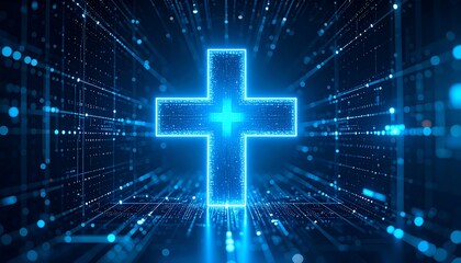 Glowing blue cross in a digital tunnel