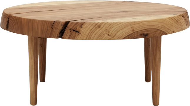 Rustic wooden round coffee table with live edge top and tapered legs isolate