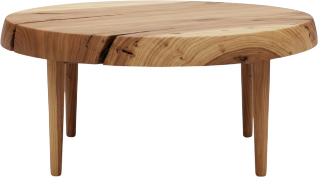 Rustic wooden round coffee table with live edge top and tapered legs isolate