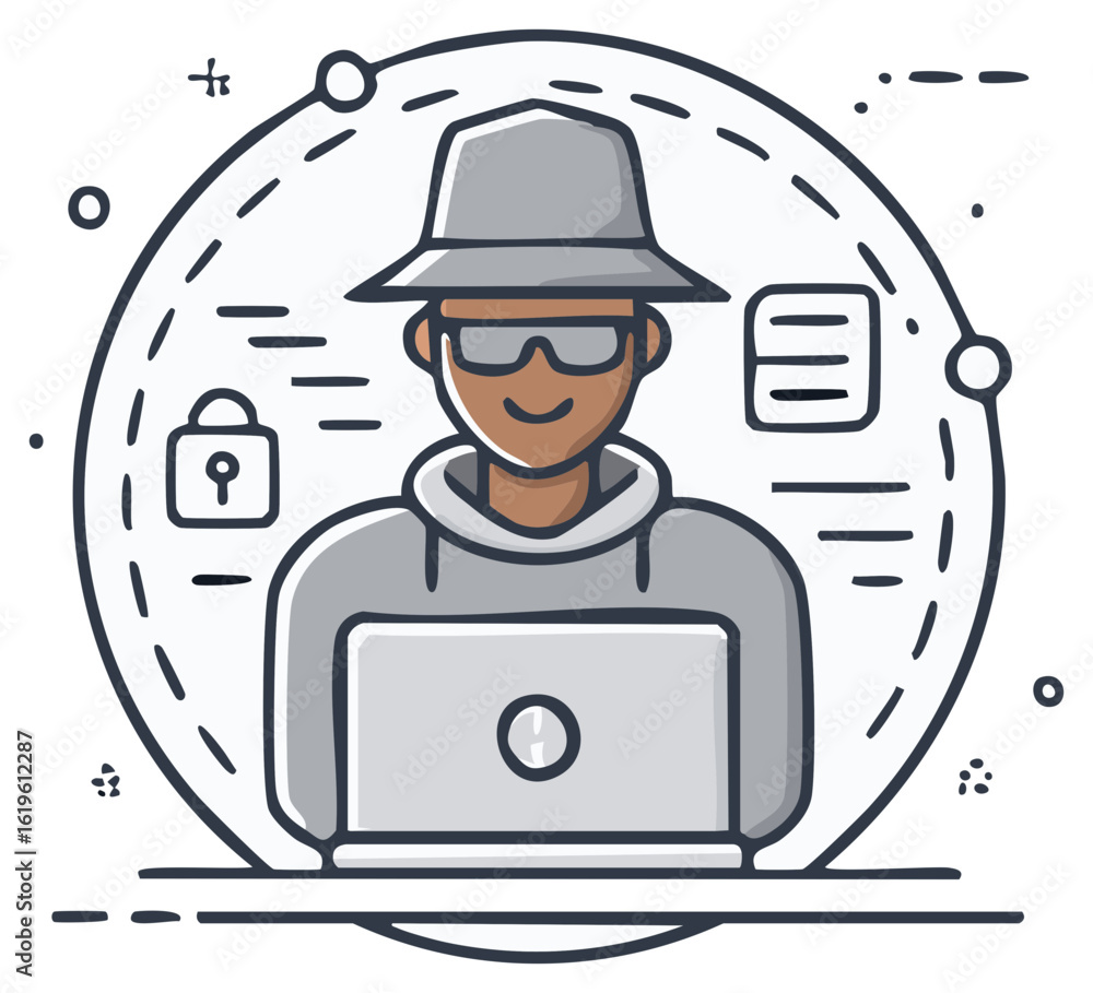 Aufkleber hacker in hat types on laptop, data security, cybersecurity protection, file and lock for secure tec