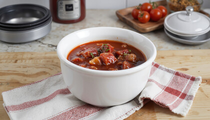 Hearty beef stew served in a white bowl on a wooden table  
