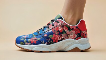 NonSlip Shoes. Colorful floral sneakers, blue red shoes, casual footwe