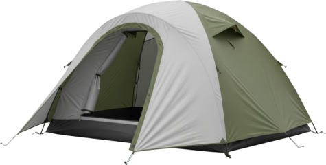 Green and white dome tent with open entryway camping shelter outdoor gear transparent background