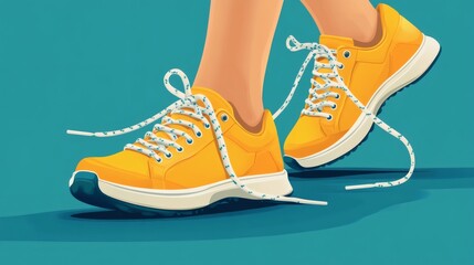 Naklejka premium Close-up of yellow sneakers with white laces, worn by female legs on teal background.
