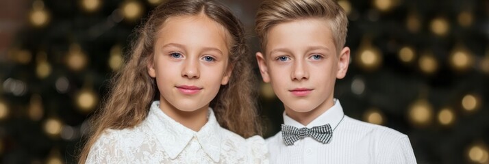 Elegantly poised young Caucasian siblings exude holiday spirit, evoking the warmth of a Scandinavian Yule celebration