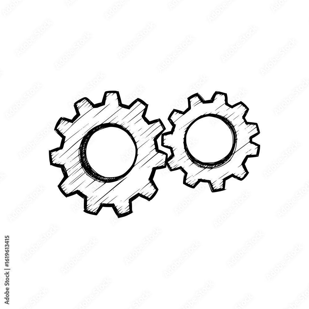 Poster sketch of two interlocking gears, pencil drawing, isolated vector image on transparent background