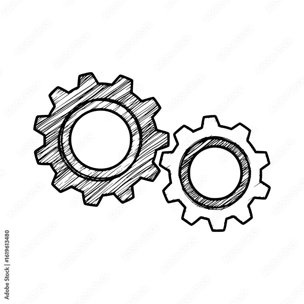 Poster sketch of two gears in different sizes, pencil drawing, isolated vector image on transparent backgro