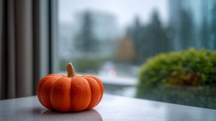 Miniature pumpkin glowing softly against blurred urban backdrop; cozy autumnal charm, Samhain celebration, hygge-inspired ambiance