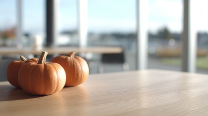 Three sunlit pumpkins huddle on a wooden table, evoking cozy autumnal gatherings and the whispers of Samhain magic