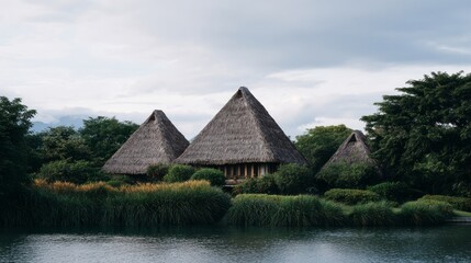 Thatched bamboo huts nestled in lush serenity, echoing tribal harmony; perfect for secluded retreats and World Bamboo Day celebrations