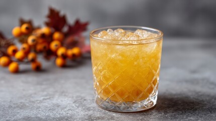 Crystalline amber elixir sparkles with frost beside autumnal foliage, evoking Harvest Moon Festival and Samhain's mystical gatherings