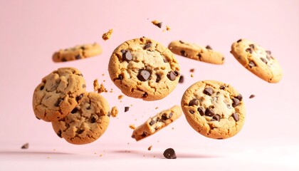 Chocolate chip cookies in mid-air against a pastel pink background