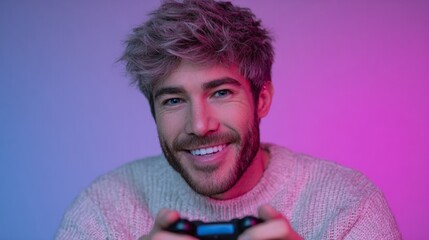 A cheerful Caucasian male immersed in gaming bliss, illuminated by technicolor shadows, celebrating International Gaming Day and Retro Nostalgia