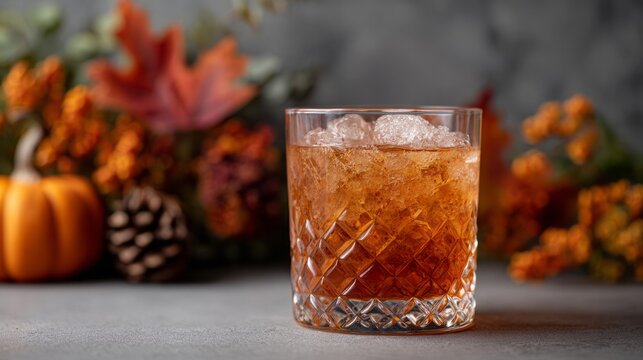 Chilled amber elixir in a faceted glass, exuding autumnal warmth amidst pumpkins and foliage, perfect for Samhain celebrations