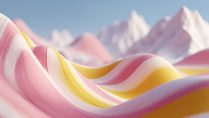 Sweet candy waves flow toward snow mountains. Conceptual art for sugary desserts