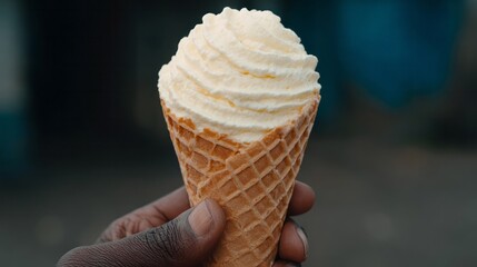A hand gripping a frosty vanilla cone, embracing a moment of dessert delight on World Ice Cream Day