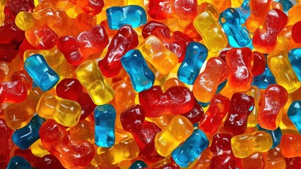 Psilocybin Gummies. Colorful gummy bears candy close up, sweet treats,