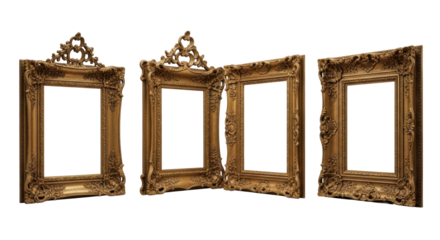 Four ornate aged burnished gold antique picture frames with rococo detailing, arranged horizontally on a transparent studio background with soft lighting, showcasing intricate carvings and patina,