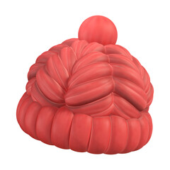 A cozy 3D red bobble hat features prominent ribbed and braided textures, topped with a spherical pom-pom.