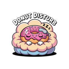 Cute sleepy donut cuddling with a spoon and pillow. Perfect for fun and cozy vector illustration design.