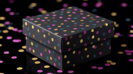 Confetti-speckled mystery box atop midnight tabletop, exudes birthday magic, Diwali sparkle, secret hideaway for wishes