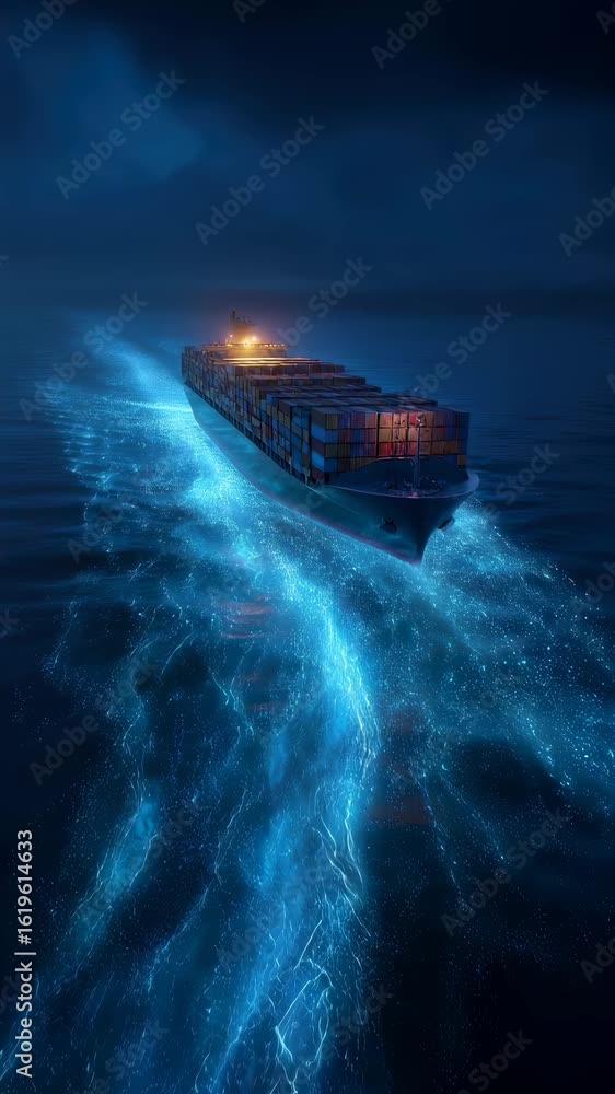 Poster a hightech container ship traverses deep ocean currents with a glowing trail of virtual information 