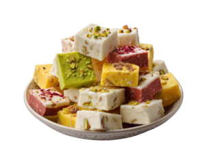 Colorful indian sweets display traditional market food vibrant view isolated on transparent background, png