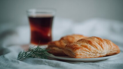 Flaky croissants and dark tea harmonize in a cozy bedscape, celebrating hygge and World Pastry Day indulgence