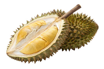 Obraz premium Fresh durian fruit cut in half showing yellow flesh isolated on transparent background
