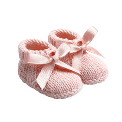 Pair of knitted baby booties, pale pink.  Delicate, soft, and adorable.  Features a ribbon bow on each