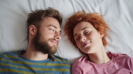 Fototapeta premium Two Caucasian lovers, resting on a gentle morning bedscape, embody cozy hygge vibes and Valentines Day serendipity