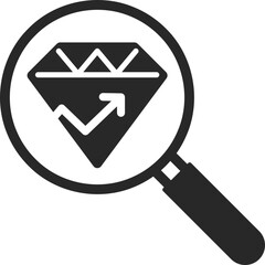 Magnifying glass searching for diamond with growth arrow to show value discovery, investment, and analysis.