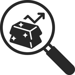 Magnifying glass searching for gold bar with upward arrow to represent value growth and investment analysis.