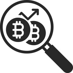 Magnifying glass searching for bitcoin with growth arrow to represent cryptocurrency value and investment analysis.