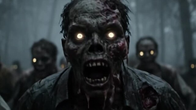 A horde of terrifying zombies with glowing eyes, slowly walking through a misty forest at night, a classic horror apocalypse scene.